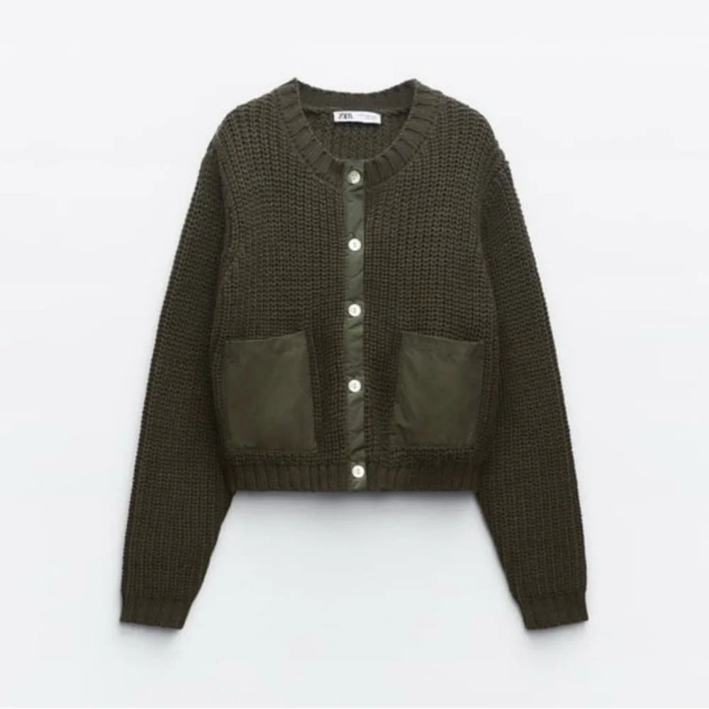 NWT Zara Green Knit Cardigan Cropped Style Zara combination nit cardigan with p - Picture 3 of 16